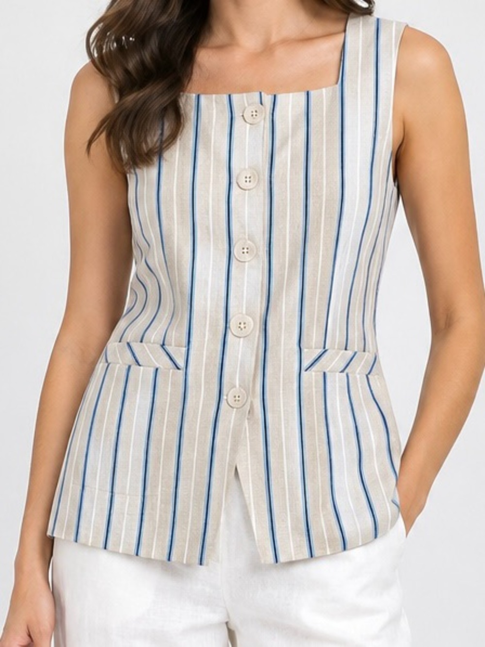 Blue Sol Beige and Blue Striped Button-Front Tank